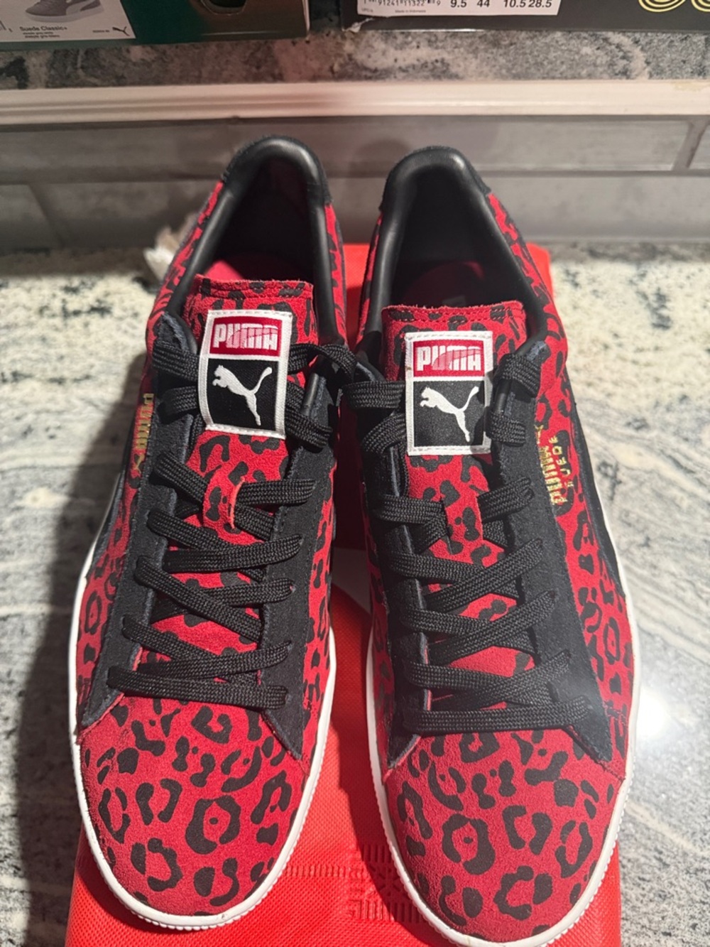 Puma Red and Black Leopard-Print Low-Top Sneakers
